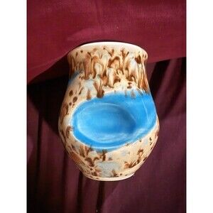 Handmade Ceramic Vase with Blue & Brown Glaze, Polkadots, Artist Signed NS or SN